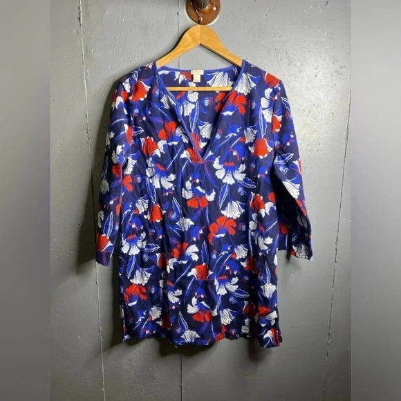 J.Crew Factory Blue Floral Tissue Tunic Swim Cover Up Dress size XL - Picture 2 of 6